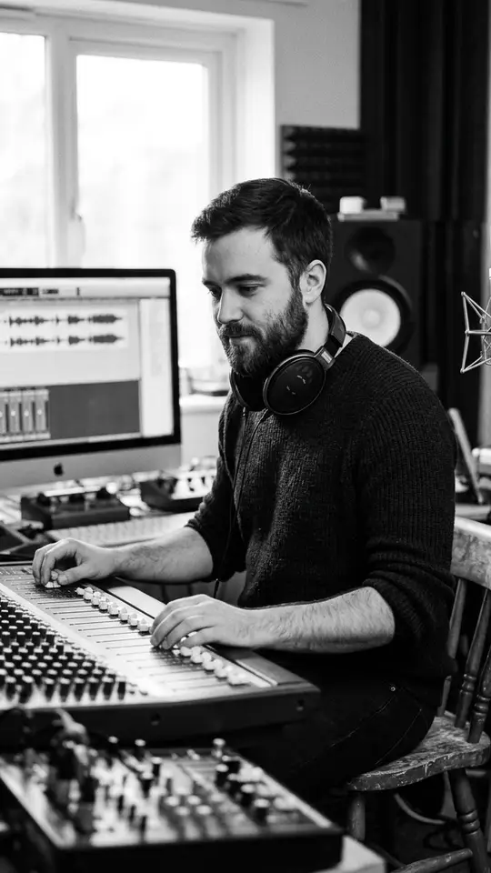 Dani, en su estudio de sonido, delante de la mesa de mezclas.