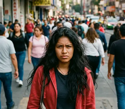 Sofía, con chaqueta roja en una calle con gente, mira a cámara.